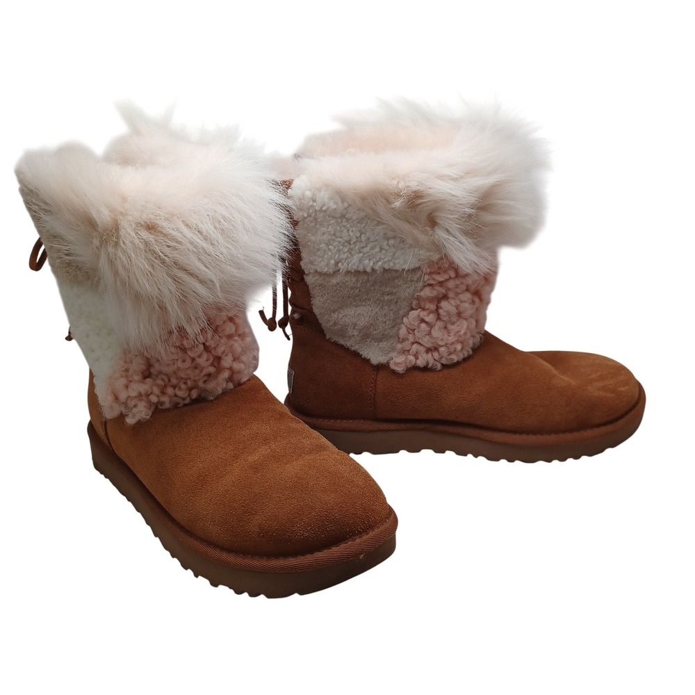 UGG Patchwork Chestnut Suede Fur Lace Up Boots 1098071 Womens 8